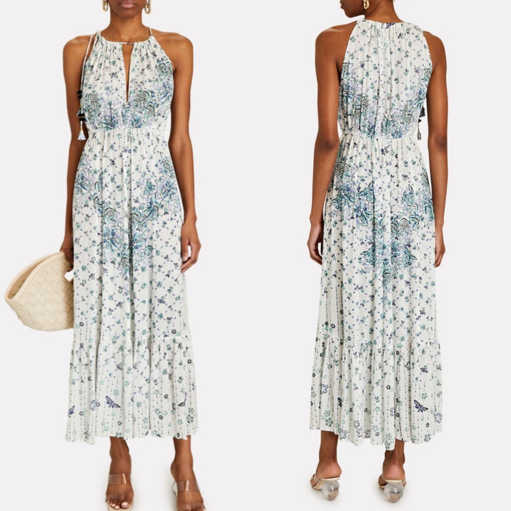 Poupette St Barth Summer Floral Maxi Dress Light Blue Flower Print